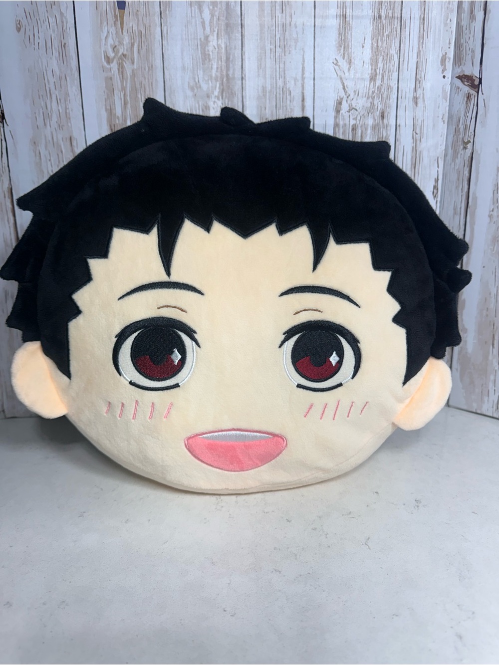 Sleepy MIPI Cute Anime Face Plush Pillow - Black Hair, Cream Face, Pink Accents